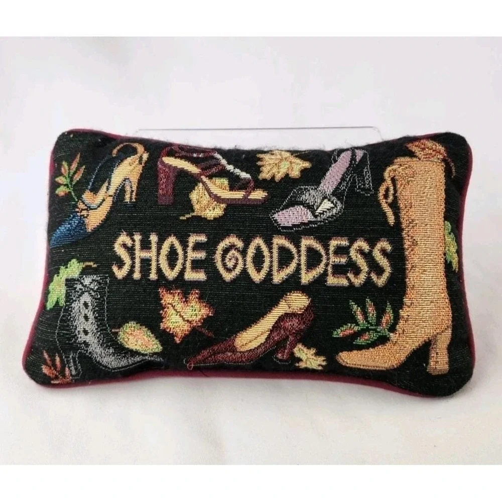 Vintage Shoe Goddess Tapestry Needlepoint Style Throw Pillow Gold Sparkle 12x8
